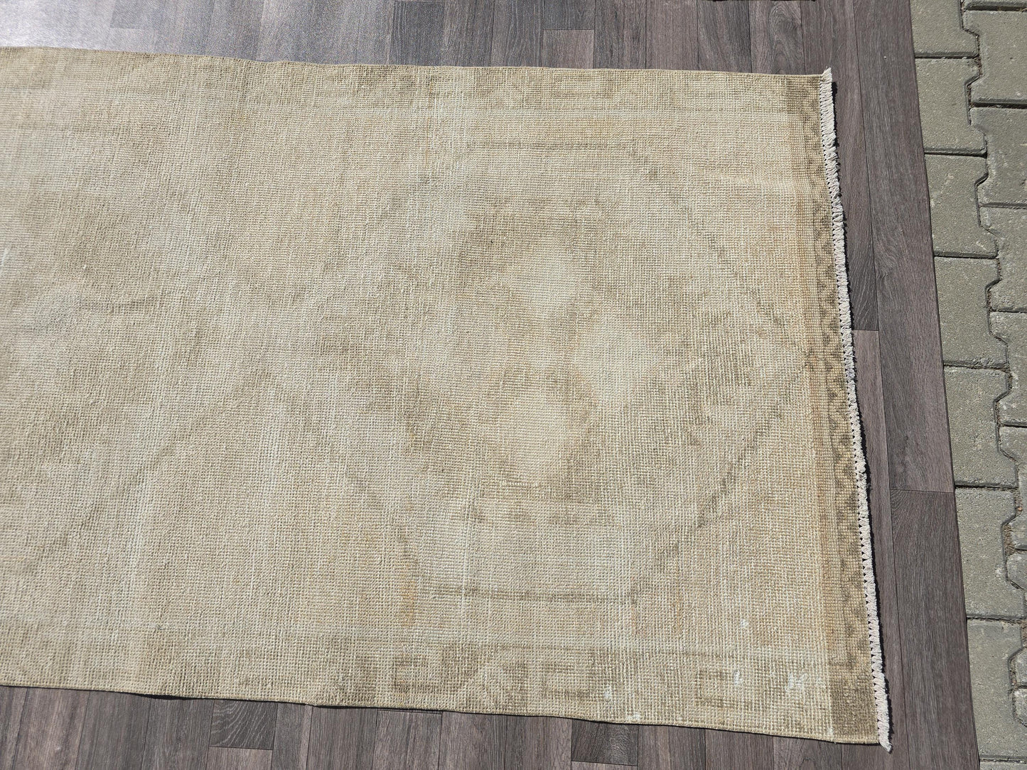 4x14 Wide Long Neutral Vintage Runner Rug - Hand Knotted Turkish Runner - Wool Oushak Runner Beige Cream Muted /3.60x14.35 feet