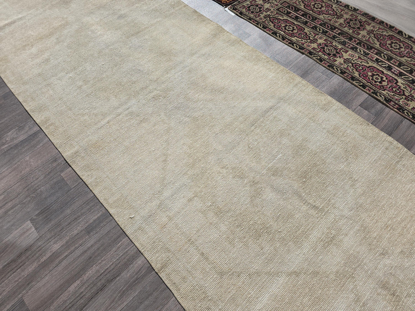 4x14 Wide Long Neutral Vintage Runner Rug - Hand Knotted Turkish Runner - Wool Oushak Runner Beige Cream Muted /3.60x14.35 feet