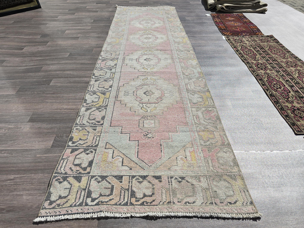 Neutral Oushak Runner Rug: 3x10 Vintage Turkish Wool Hallway Rug