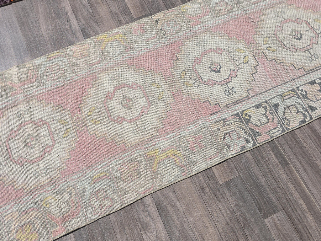 Neutral Oushak Runner Rug: 3x10 Vintage Turkish Wool Hallway Rug