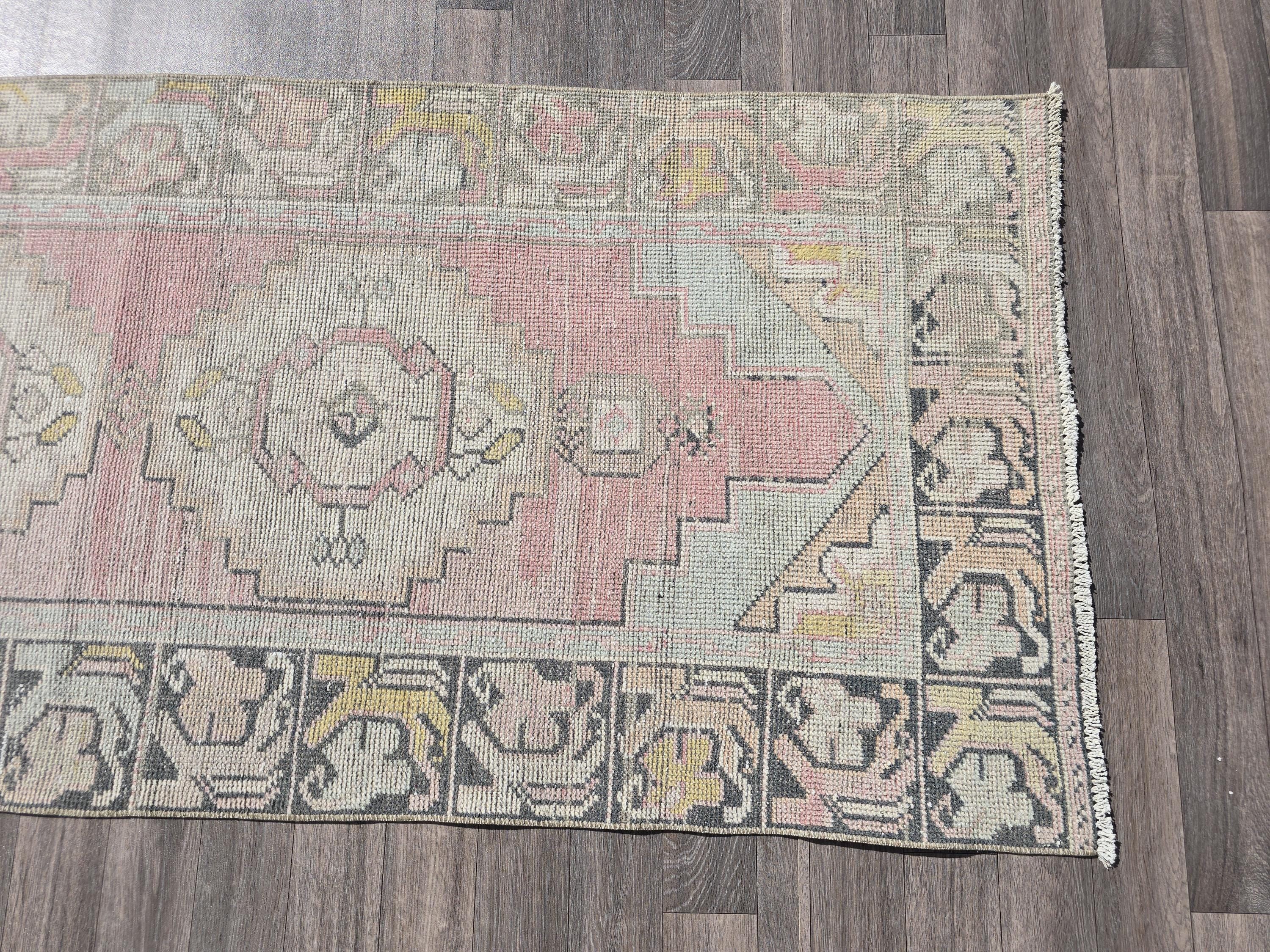 Neutral Oushak Runner Rug: 3x10 Vintage Turkish Wool Hallway Rug