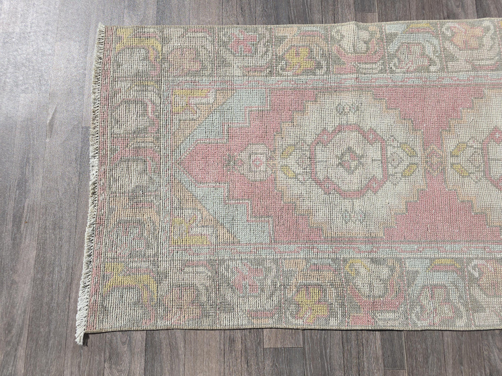 Neutral Oushak Runner Rug: 3x10 Vintage Turkish Wool Hallway Rug