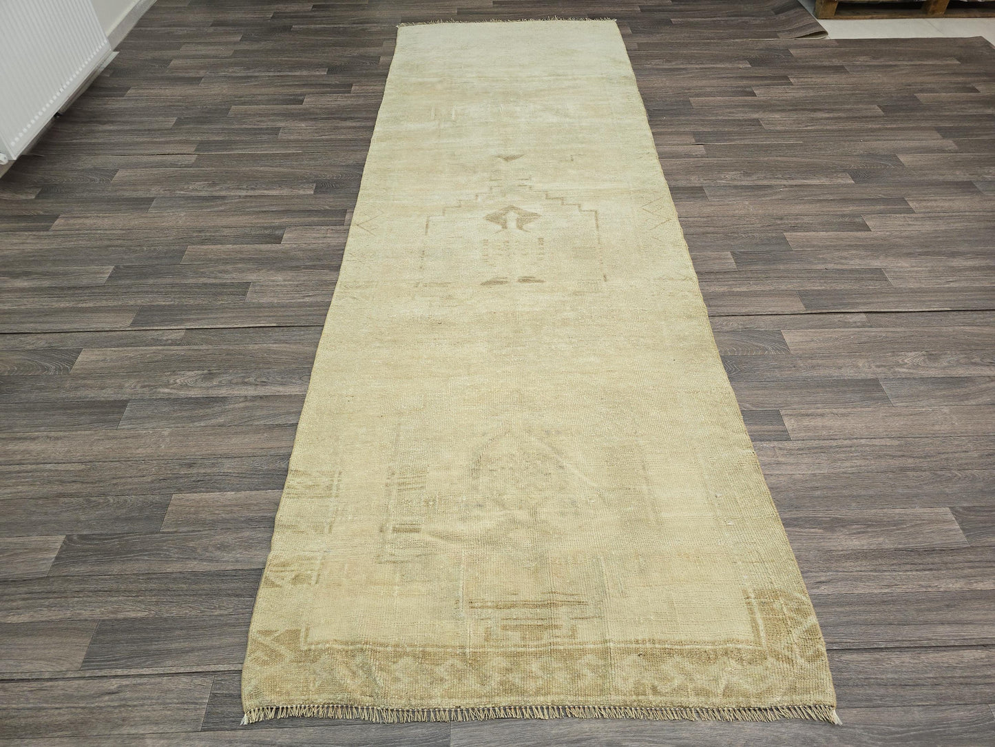 4x11 Wide Neutral Runner Rug, Natural Wool Turkish Rug Runner, Oushak Runner, Neutral Vintage Runner for Hallway/3.75x11 feet