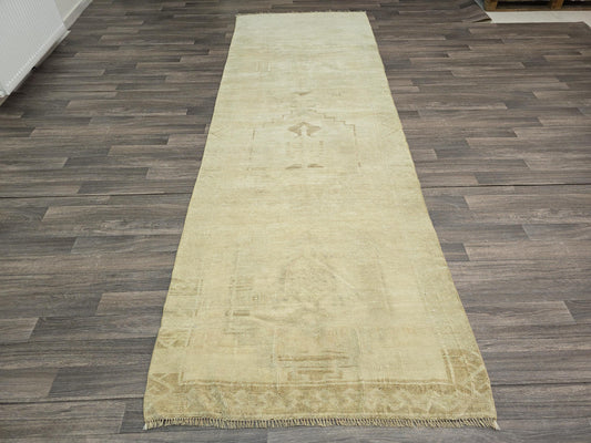 4x11 Wide Neutral Runner Rug, Natural Wool Turkish Rug Runner, Oushak Runner, Neutral Vintage Runner for Hallway/3.75x11 feet