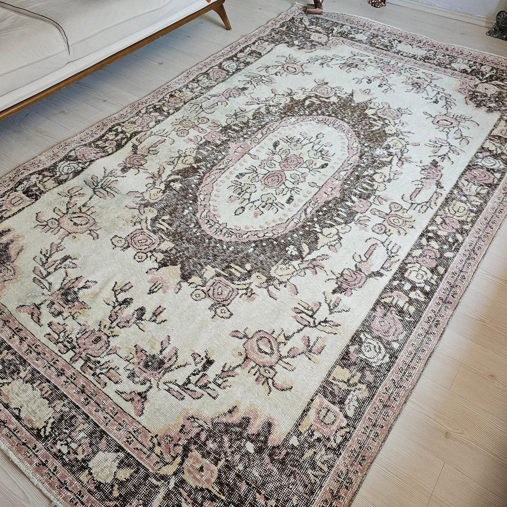 Handwoven Wool Oushak Rug: 6x9 Vintage Bohemian Area Rug