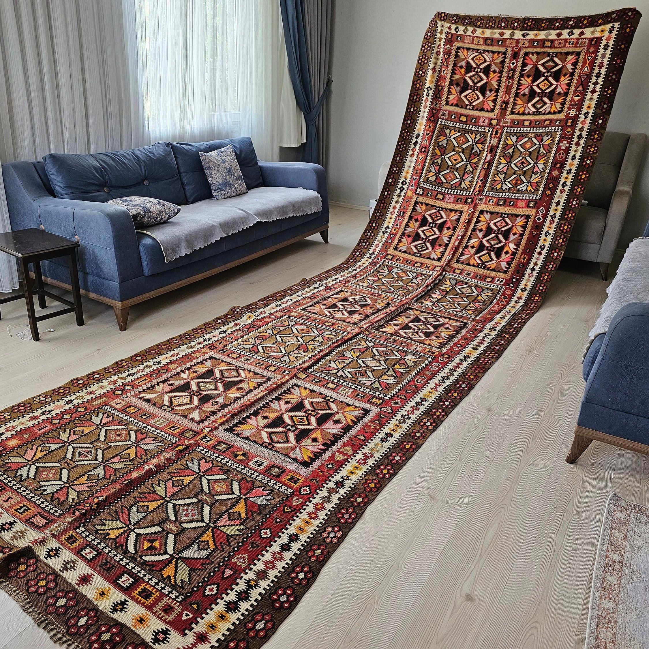 Extra Long Vintage Turkish Kilim Runner Rug: Authentic Wool Kelim (5x16 ft)