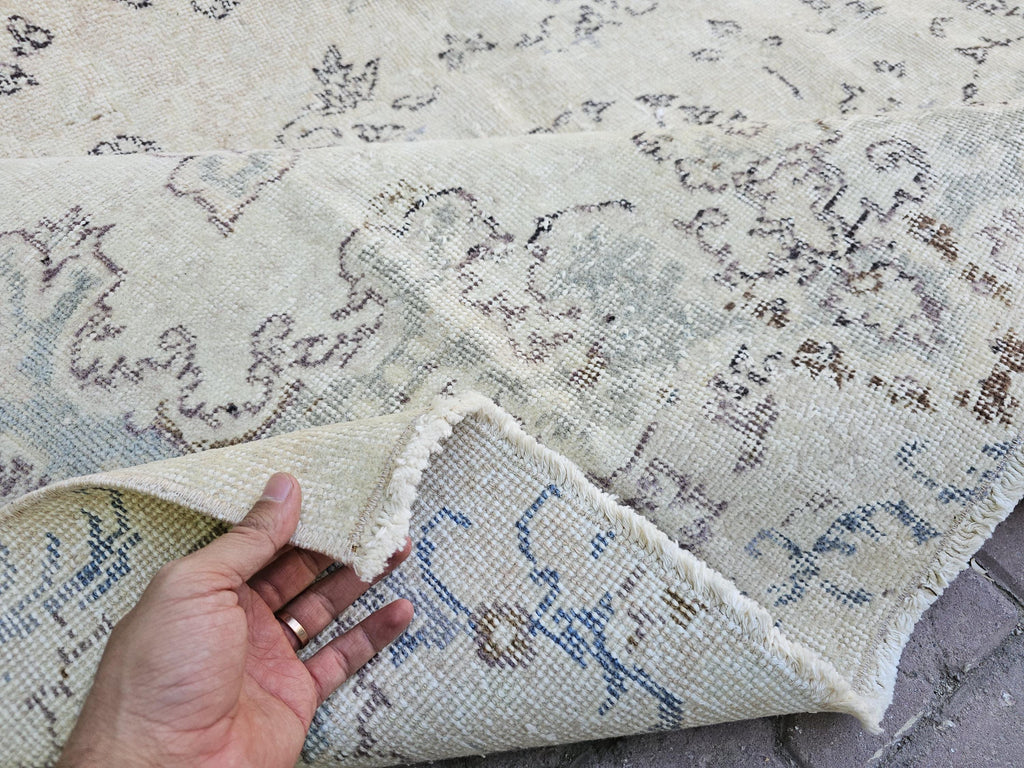 Faded Turkish Wool Rug 7x10: Neutral Oushak Carpet, Beige Cream Brown