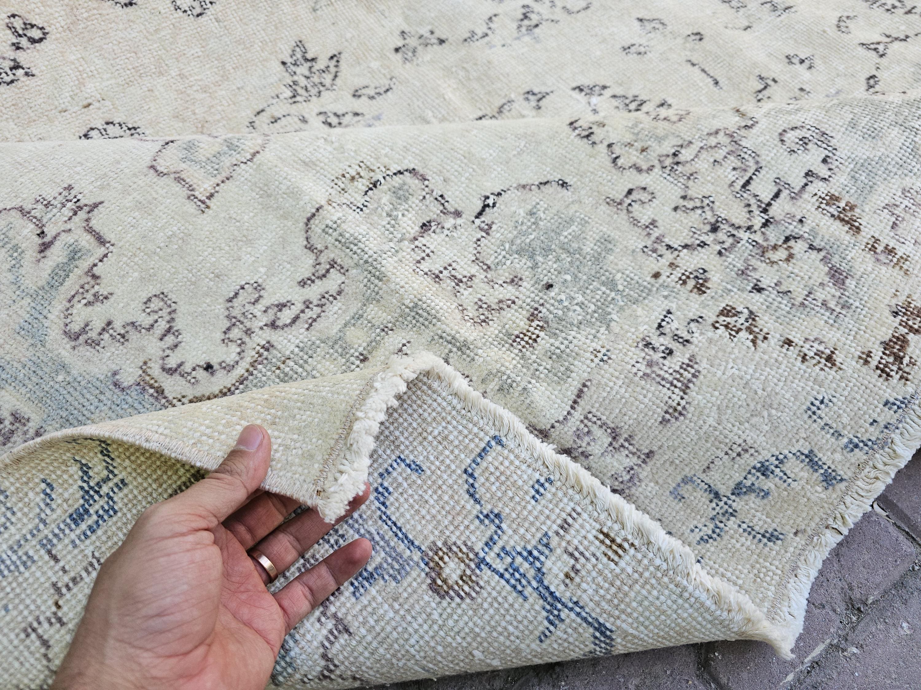 Faded Turkish Wool Rug 7x10: Neutral Oushak Carpet, Beige Cream Brown