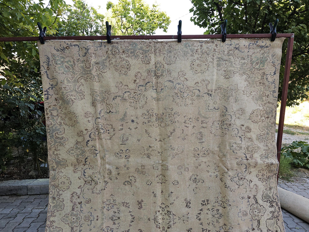 Faded Turkish Wool Rug 7x10: Neutral Oushak Carpet, Beige Cream Brown