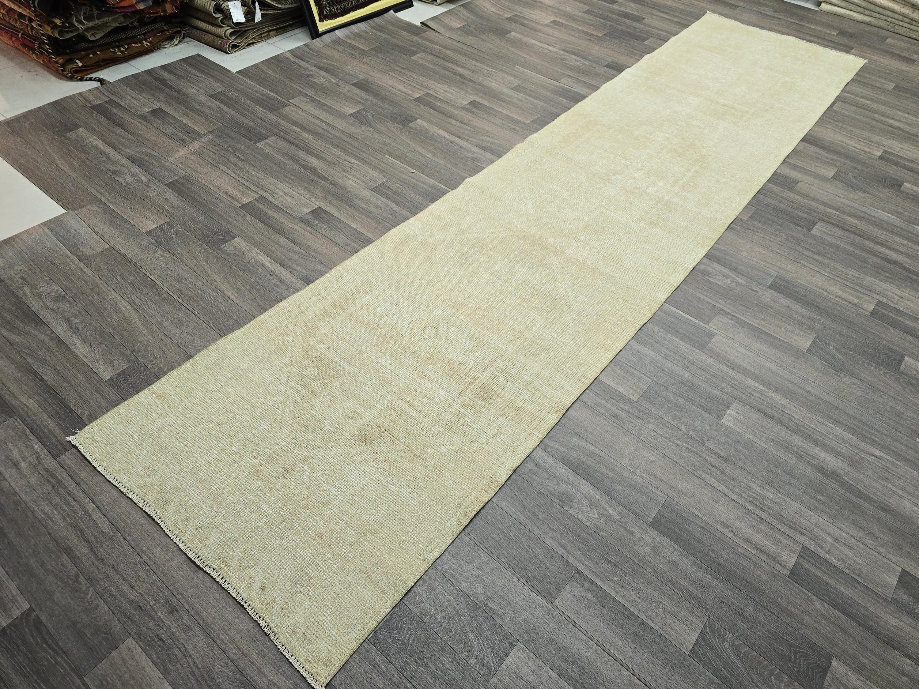 Neutral Oushak Runner: Handwoven Wool Turkish Hallway Carpet (2.90x12.50 feet)