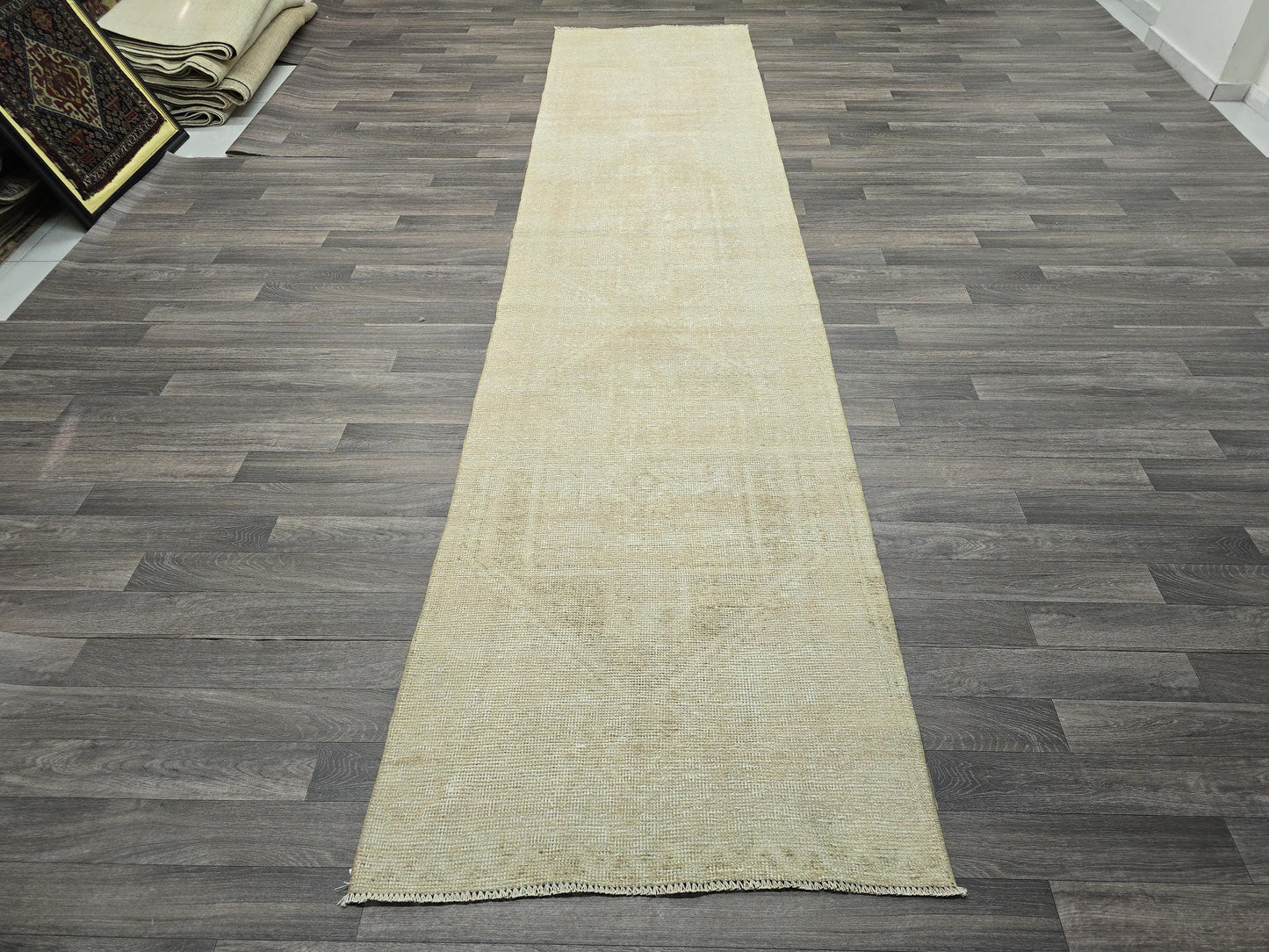 Oushak Runner/2.90x12.50 feet / Neutral Turkish Runner for Hallway and Kitchen/ Hand woven Wool Oriental Carpet Runner