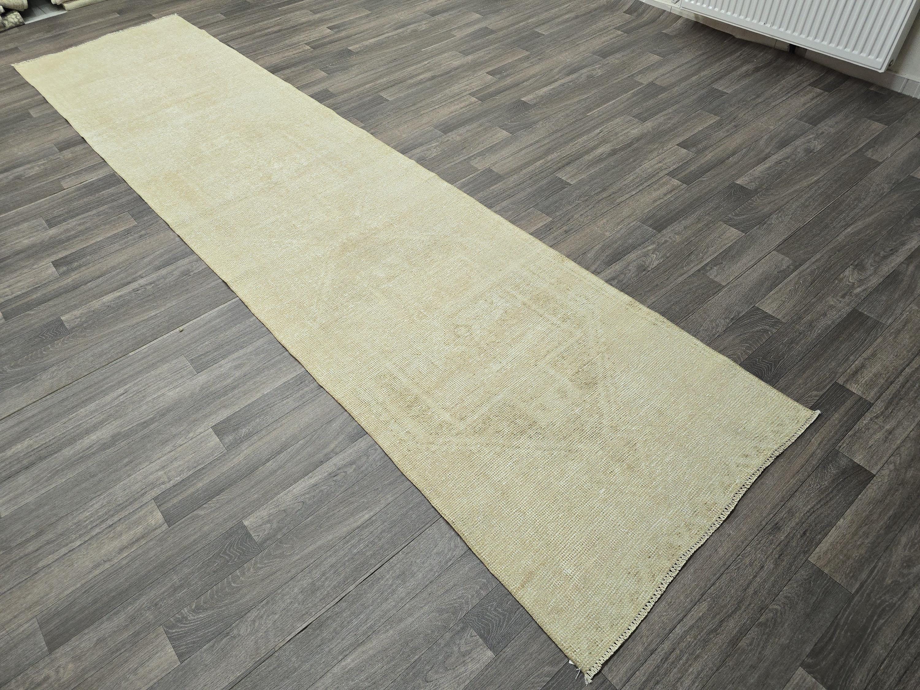 Neutral Oushak Runner: Handwoven Wool Turkish Hallway Carpet (2.90x12.50 feet)