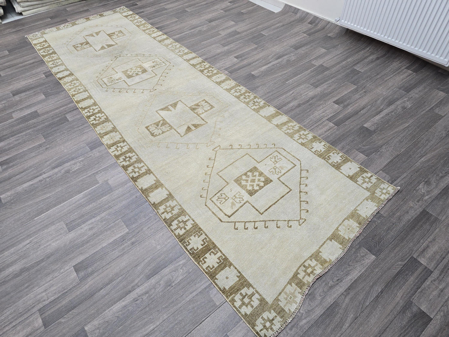 4x12 Vintage Turkish Runner Rug Hand Knotted Wool Oushak Runner for Hallway and Kitchen Neutral Beige Brown //3.75x11.65 feet