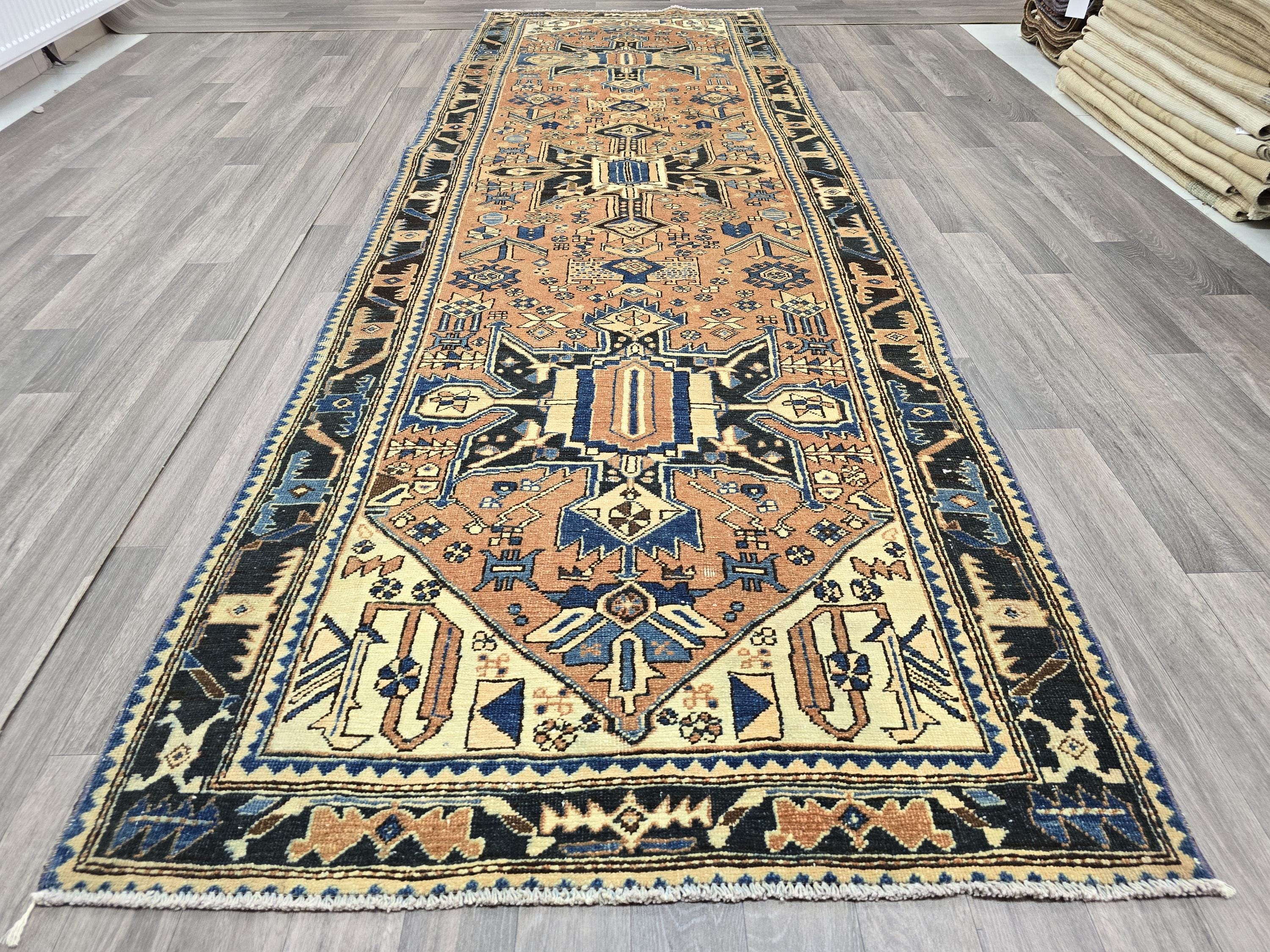 Hand-Knotted Wool Heriz Runner: Muted Pastel Geometric Design (3.55x11 ft)