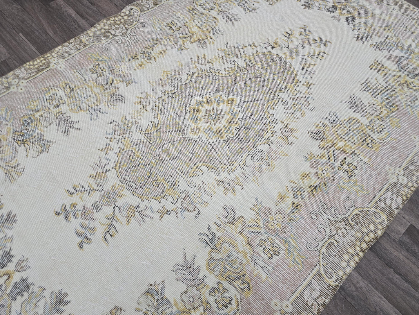 Hand Knotted Turkish Vintage Area Rug – 5.4x9 ft | Cream, Pink, Brown, Gold Accents