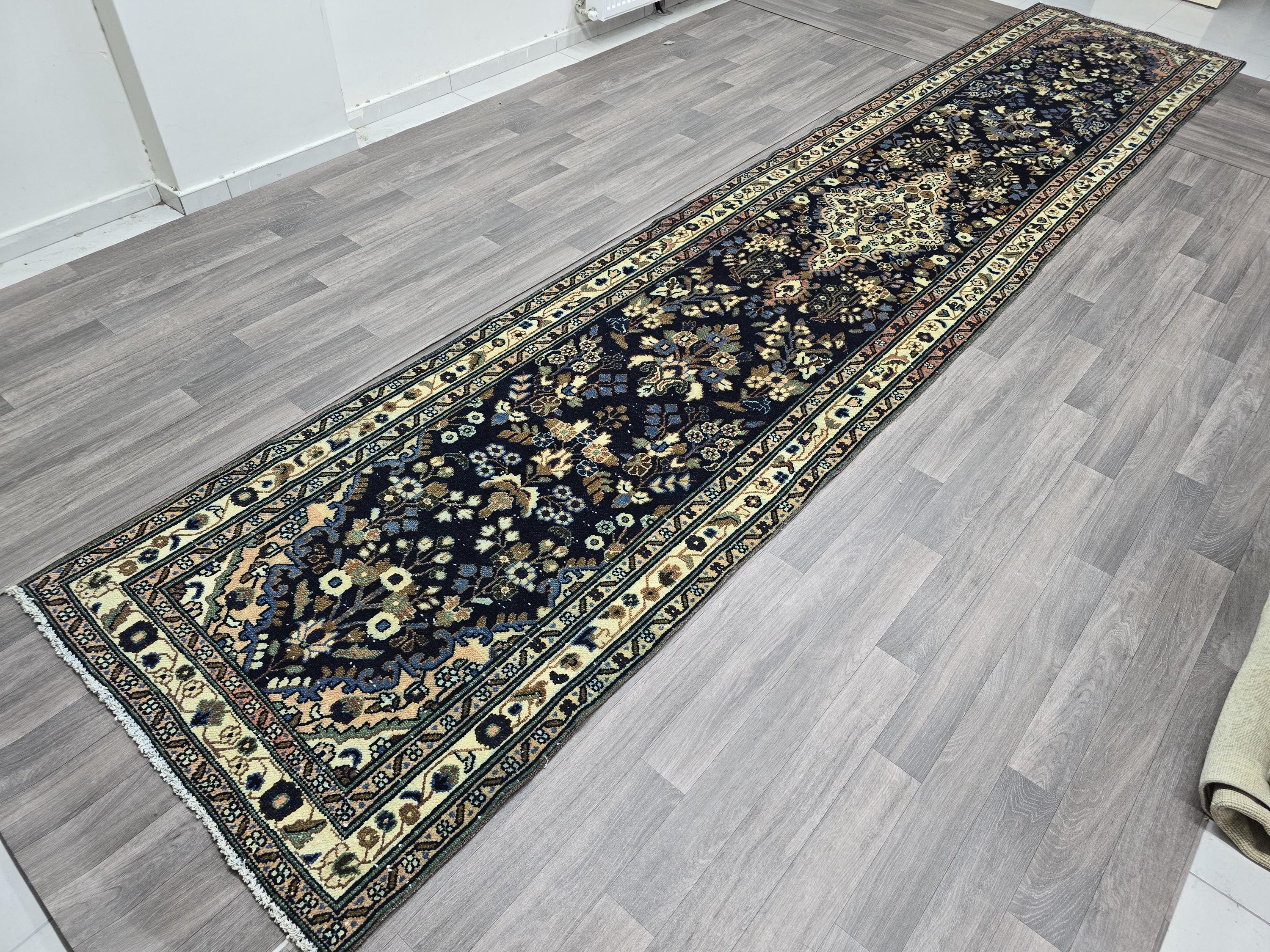 Hand Knotted Wool Runner Rug: 3x16 ft Vintage Turkish Oriental Design