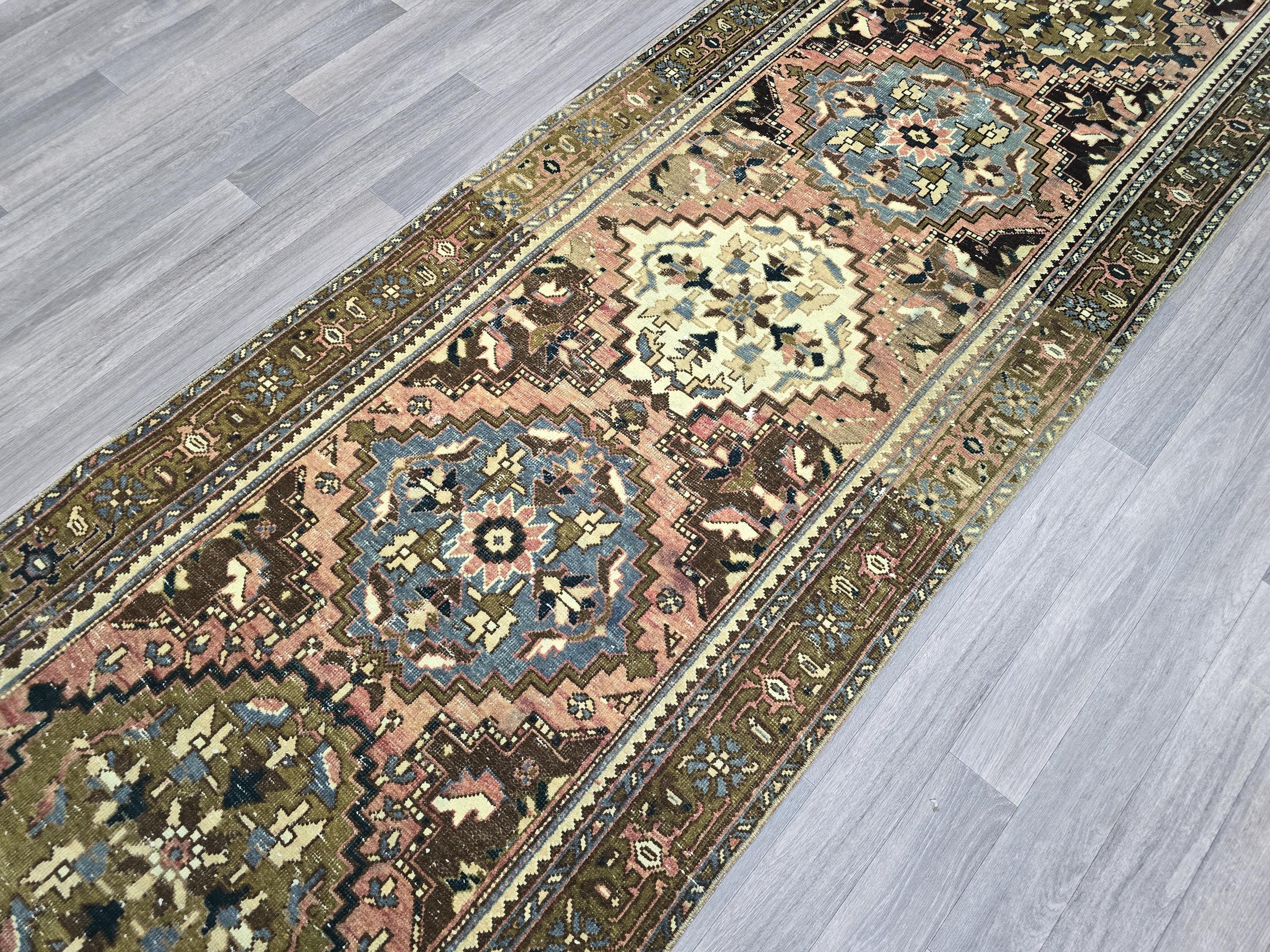 Hand Knotted Wool Heriz Runner: Vintage Persian Rug (3.40x10.70 ft)