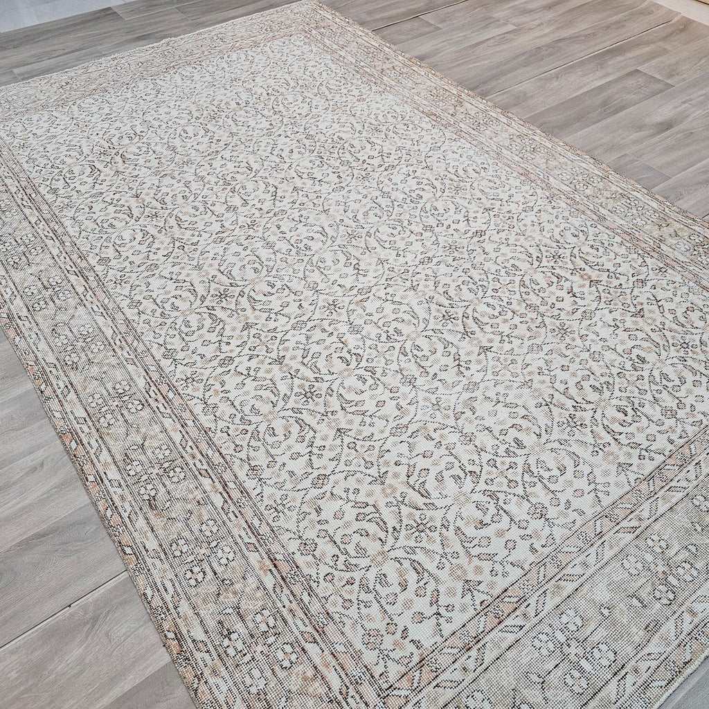 Neutral Vintage Turkish Oushak Rug: Hand-Knotted Wool, 6.2x10 ft