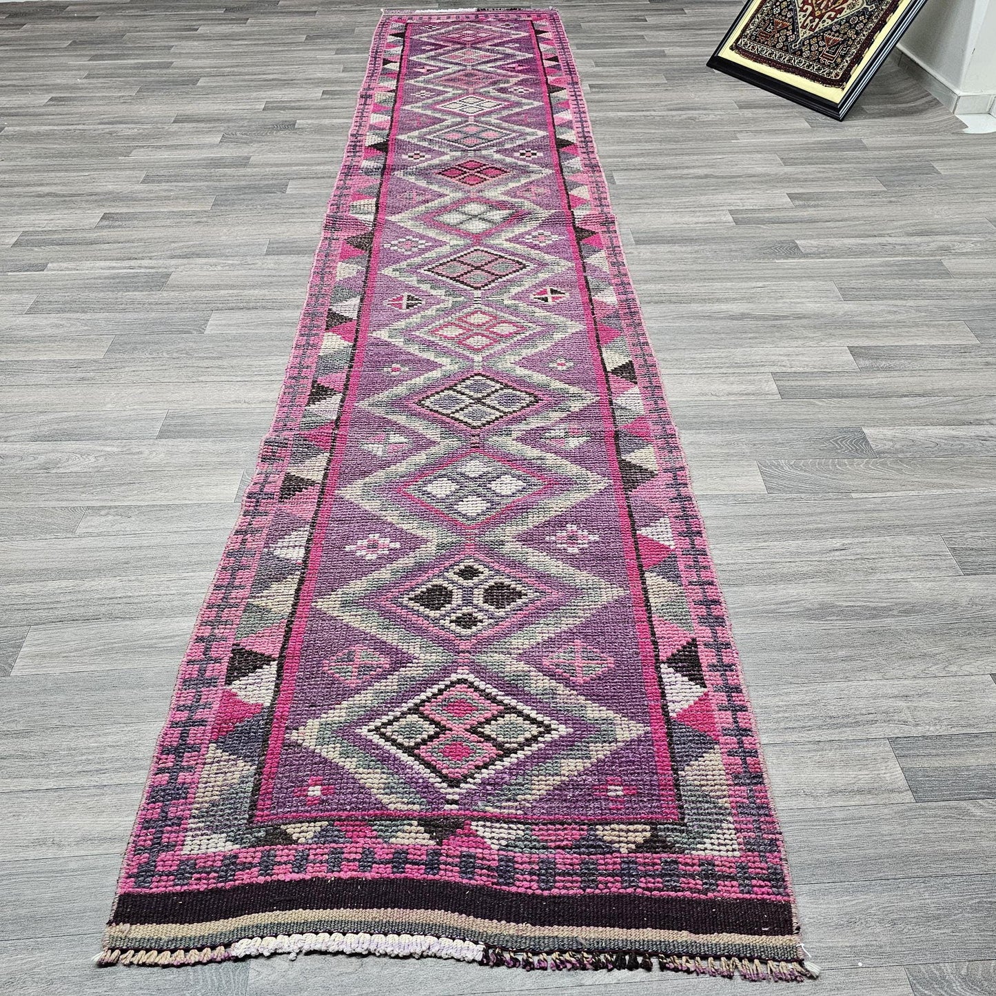 2.70x13.50 feet Vintage Turkish Herki Runner Rug, Hand-Knotted Wool Rug