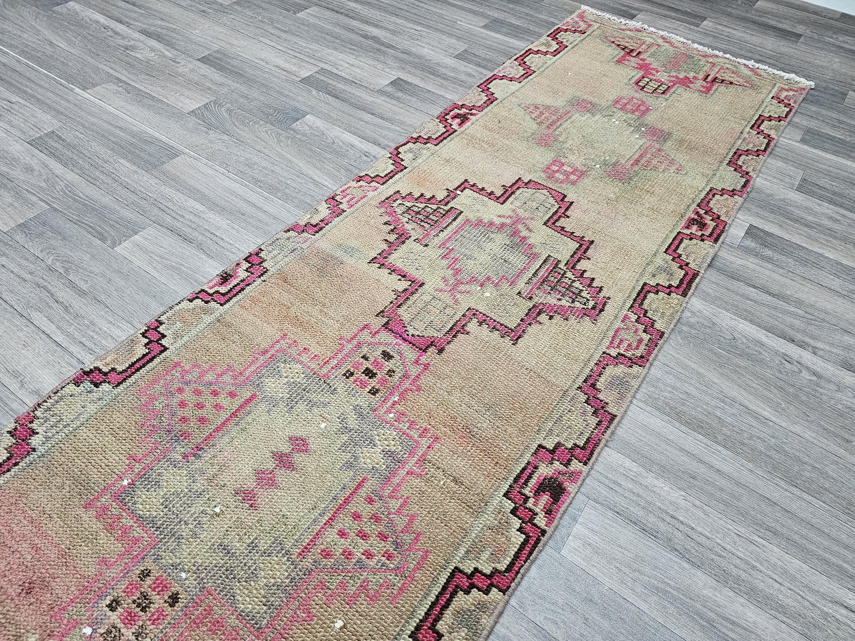 Vintage Wool Runner Rug: 2.5x12.45 ft, Muted Pastel Oriental Hallway Rug