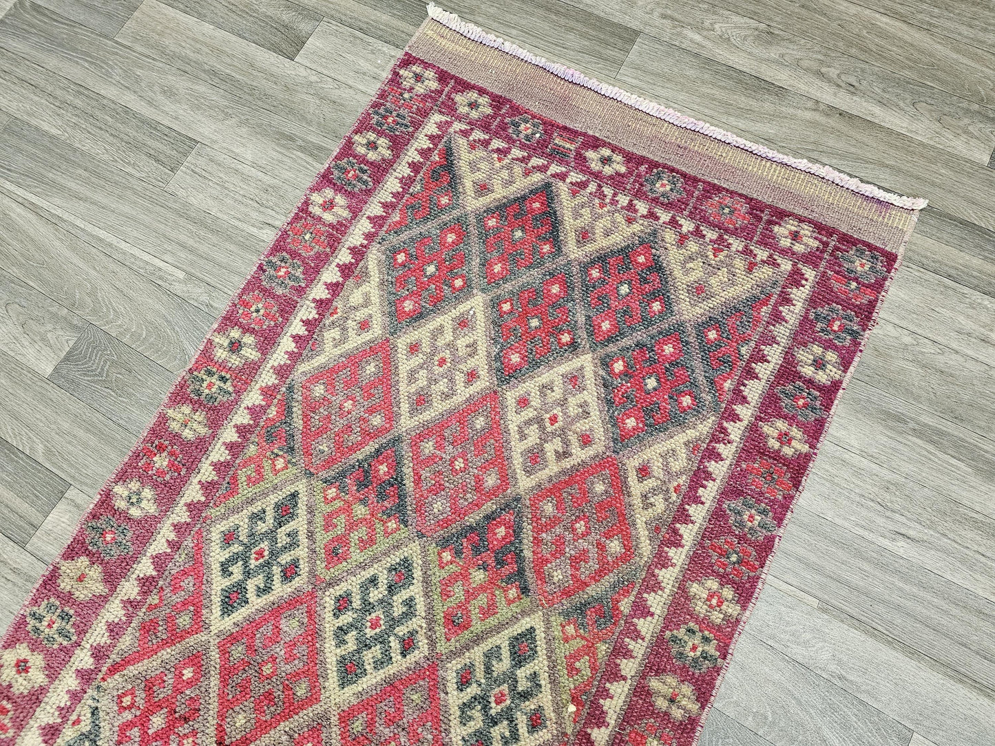 Narrow Vintage Runner/ 2.8 X 12.85 feet / Herki Runner Rug/ Vibrant Rug Runner/ Turkish Runner/ Narrow Runner for Hallway Bathroom and Aisle