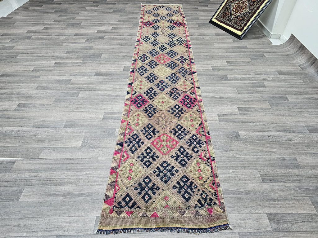 Hand Knotted Wool Runner Rug: Vintage Turkish Herki, 2.40x13 ft
