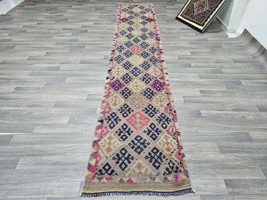 Vintage Runner/ 2.40x13 feet / Long Oriental Wool Runner rug for Hallway and stairs/ Hand Knotted Oriental Runner Rug Traditional Muted