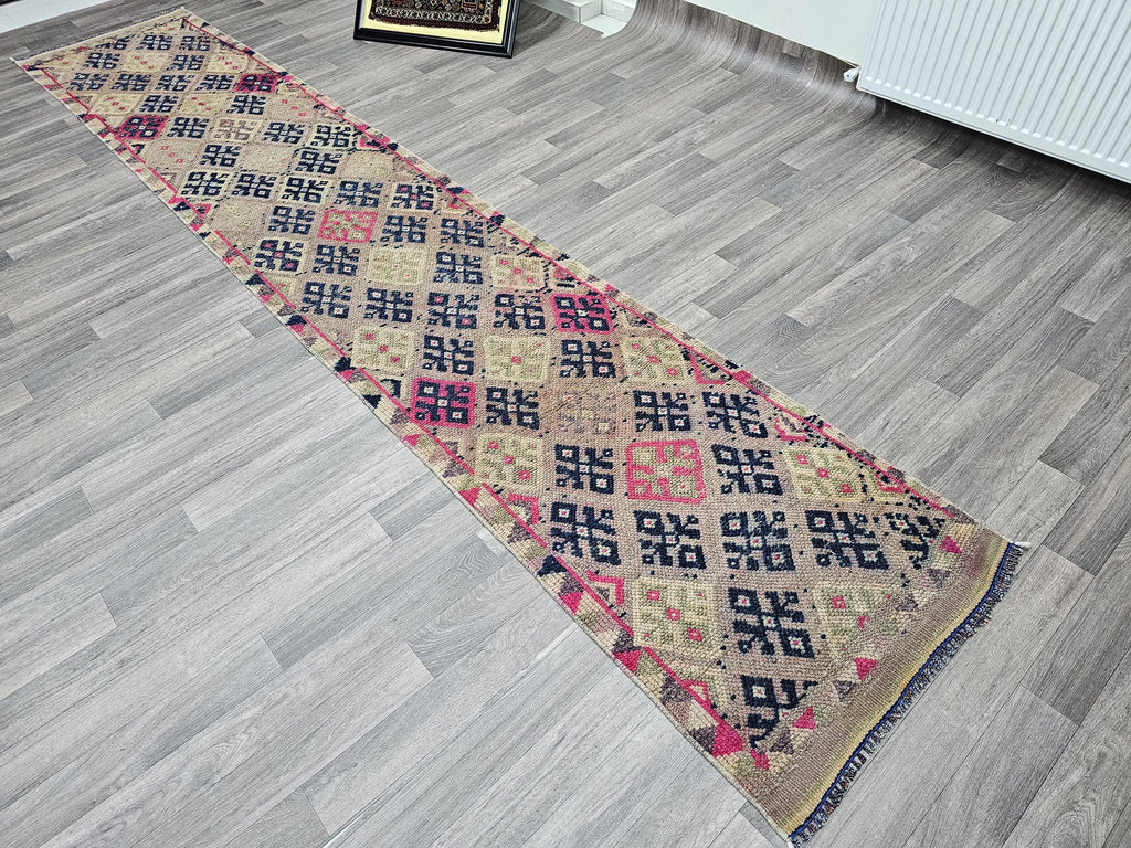 Hand Knotted Wool Runner Rug: Vintage Turkish Herki, 2.40x13 ft