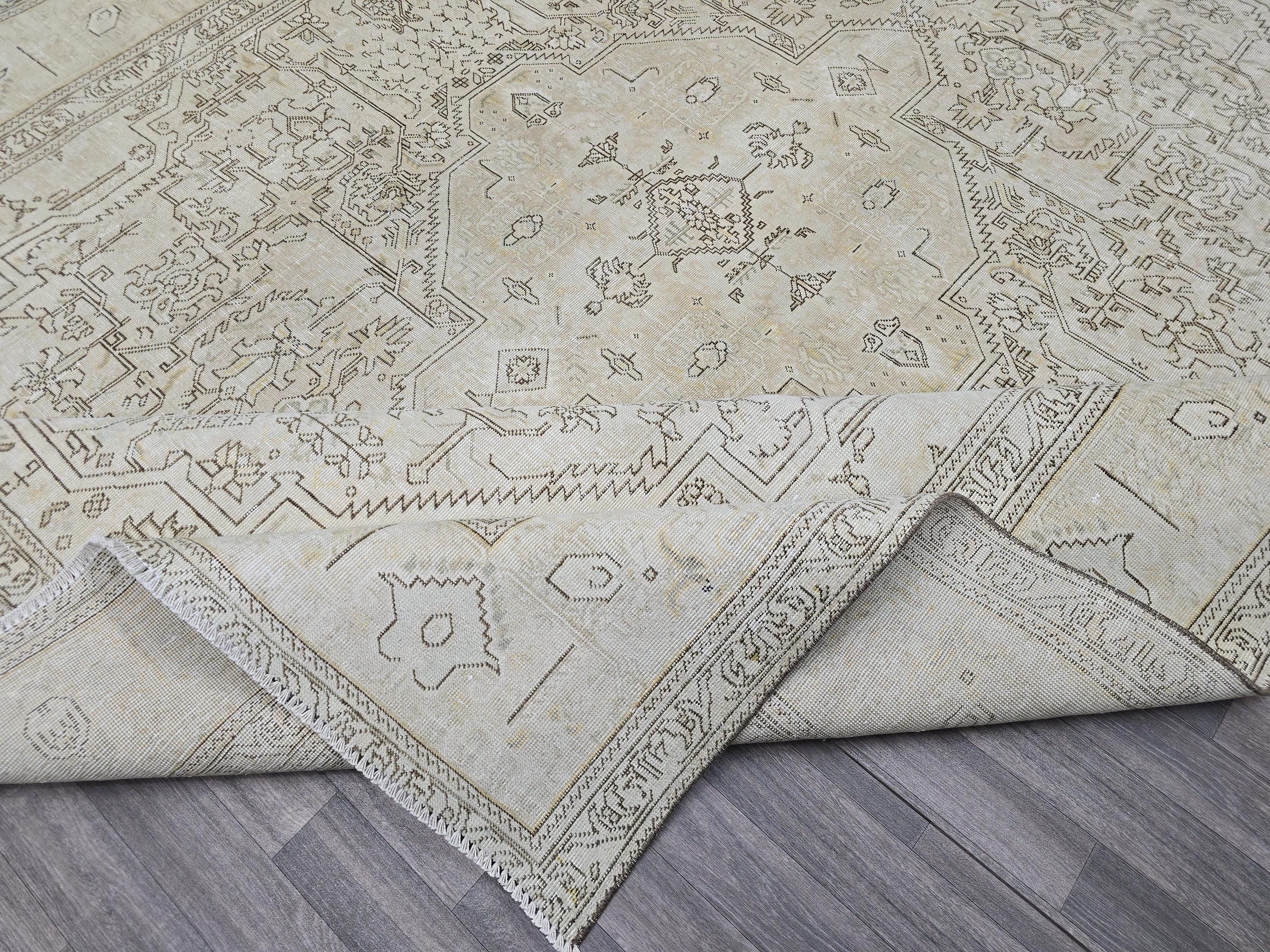 Neutral Turkish Oushak Area Rug 9x12 Beige Cream Brown Vintage Handmade