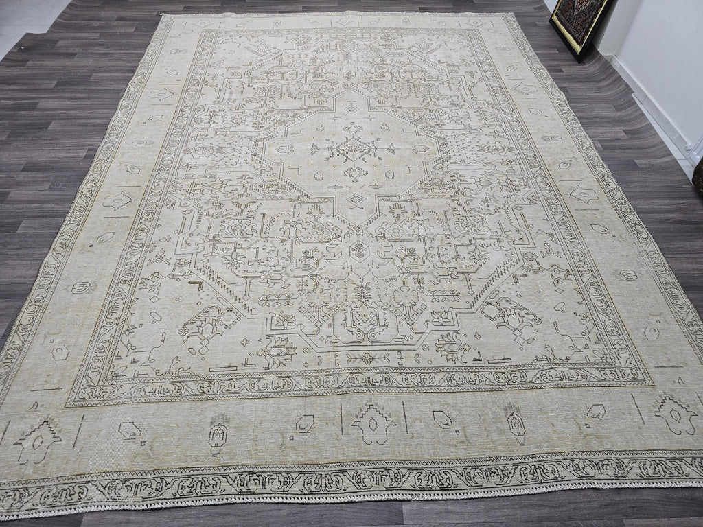 Neutral Turkish Oushak Area Rug 9x12 Beige Cream Brown Vintage Handmade