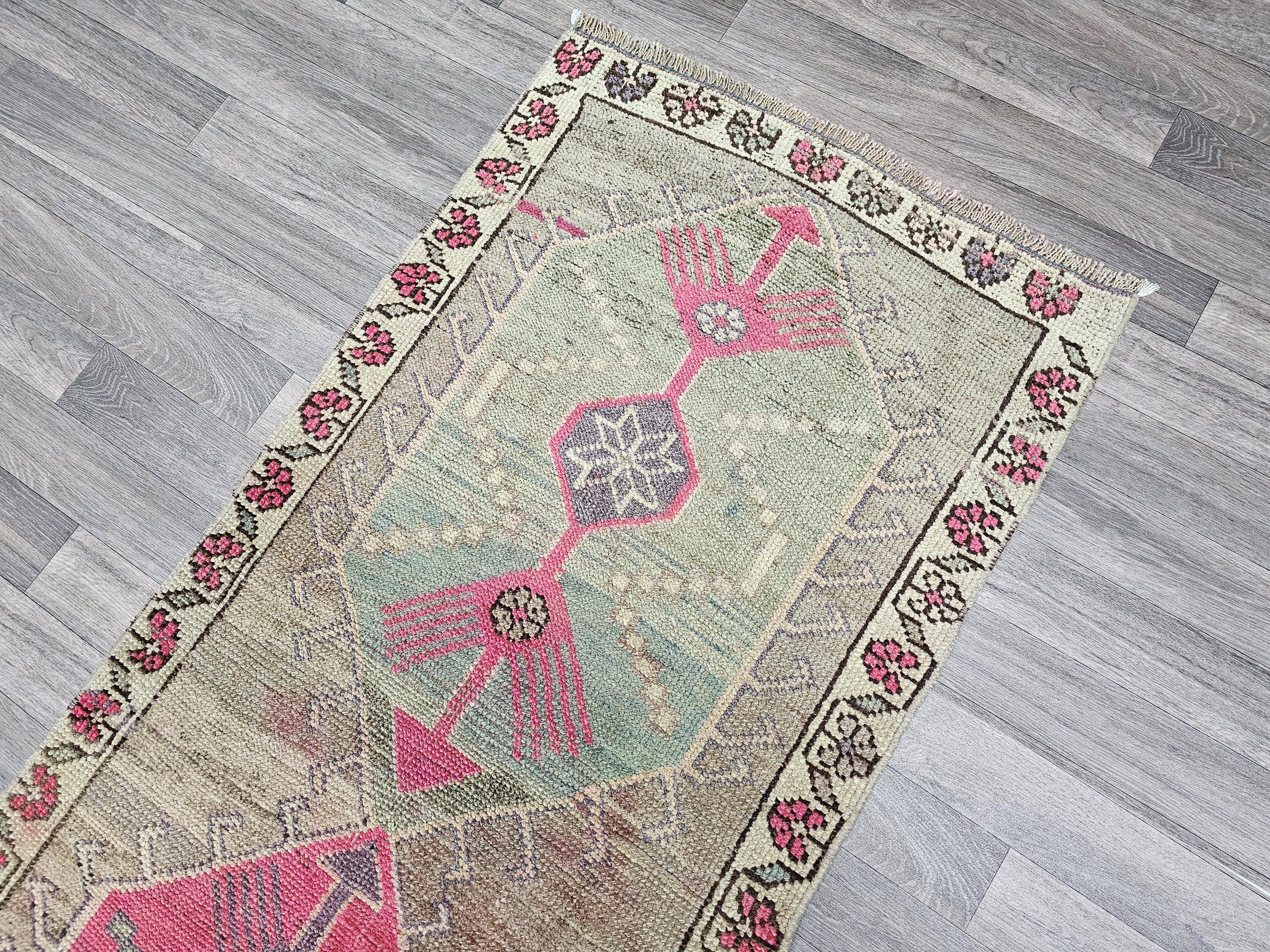 Vintage Herki Wool Runner Rug: 2.7x12.35 ft, Muted Pastel Colors