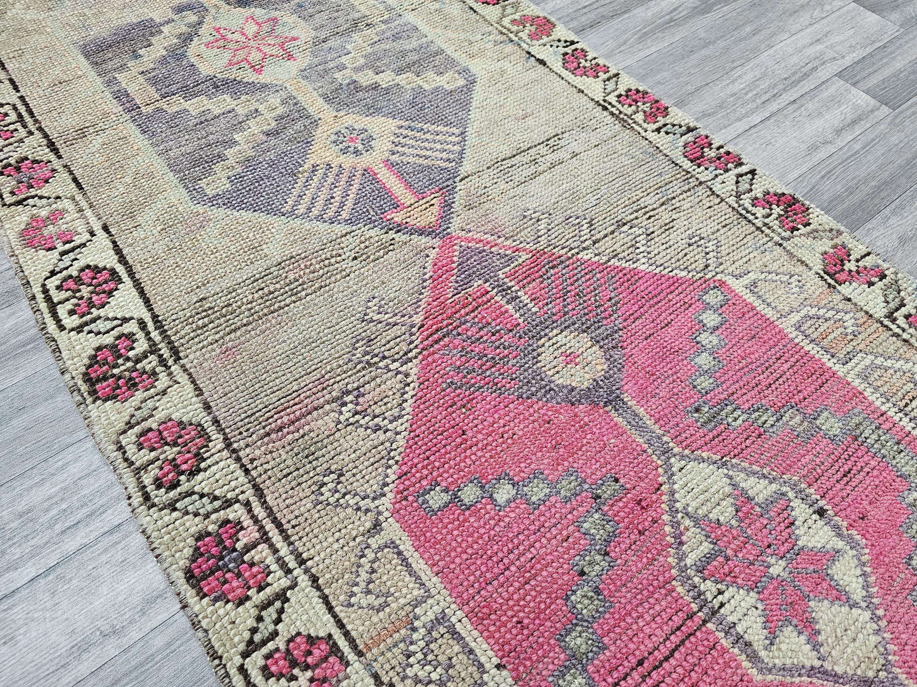 Vintage Herki Wool Runner Rug: 2.7x12.35 ft, Muted Pastel Colors