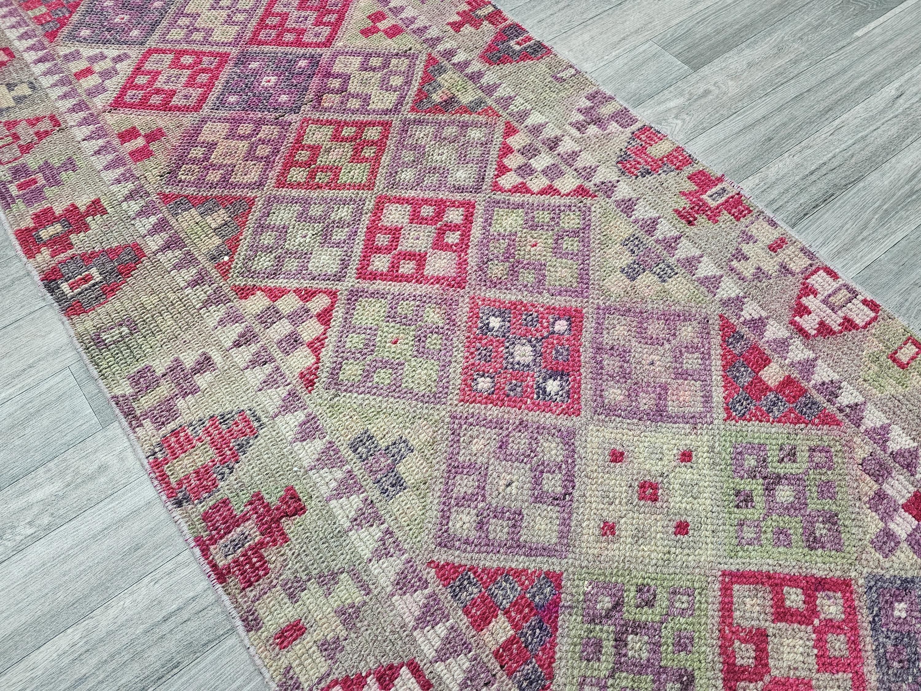 3x13 Narrow Vintage Turkish Runner Rug, Handwoven Kilim Rug, Geometric Pattern, Home Decor