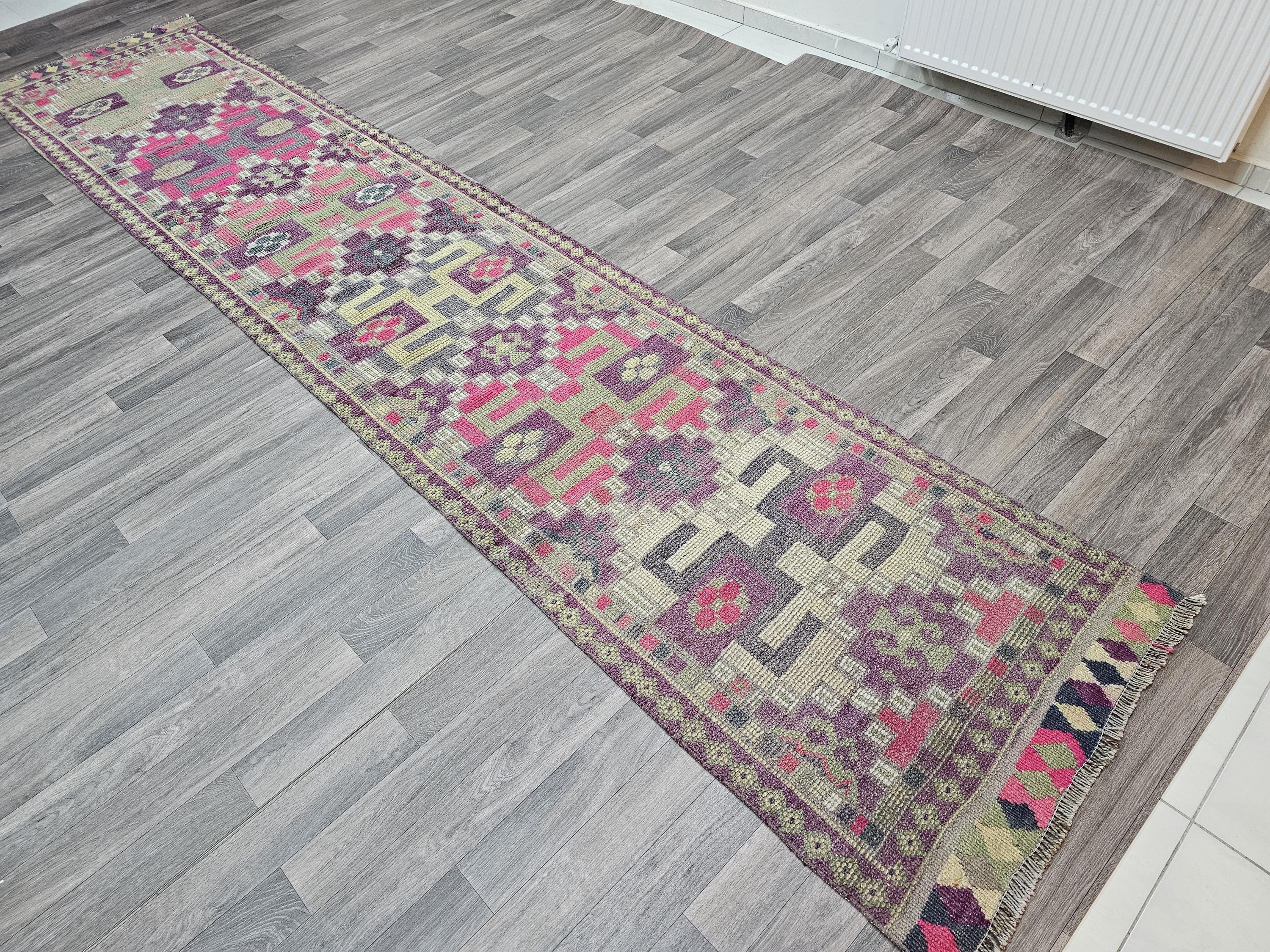 Vintage Herki Runner Rug: Hand-Knotted Turkish Wool Hallway Rug (2.7 X 13.45 ft)