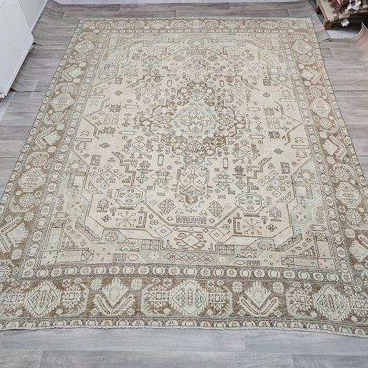 10x12 Hand Knotted Wool Vintage  Turkish Rug - Oushak Rug 10x12 - Neutral Area Rug - Beige and Sage Green Heriz rug //9.80x12.50 feet