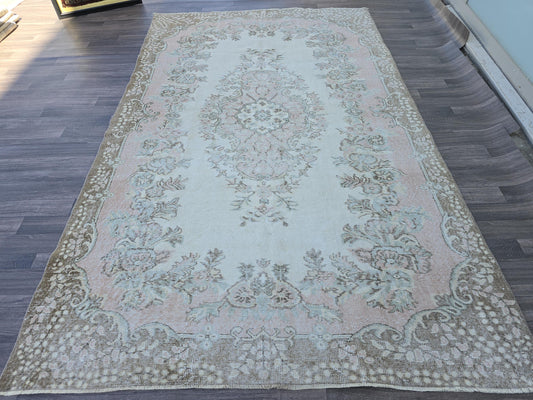 6x9 Vintage Turkish Area Rug Neutral Pink Cream Brown //5.80x9.50 feet