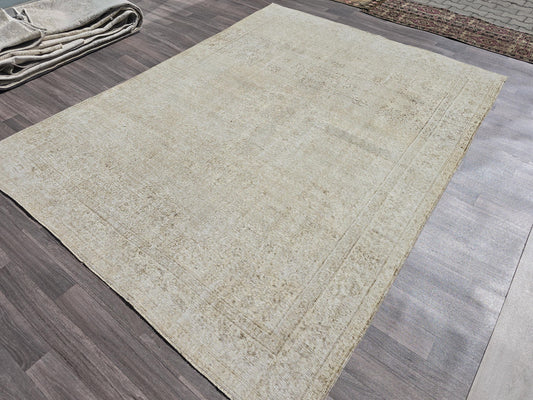 7x9 Neutral Vintage Turkish Oushak Rug for Bedroom/ High Quality Wool Area Rug