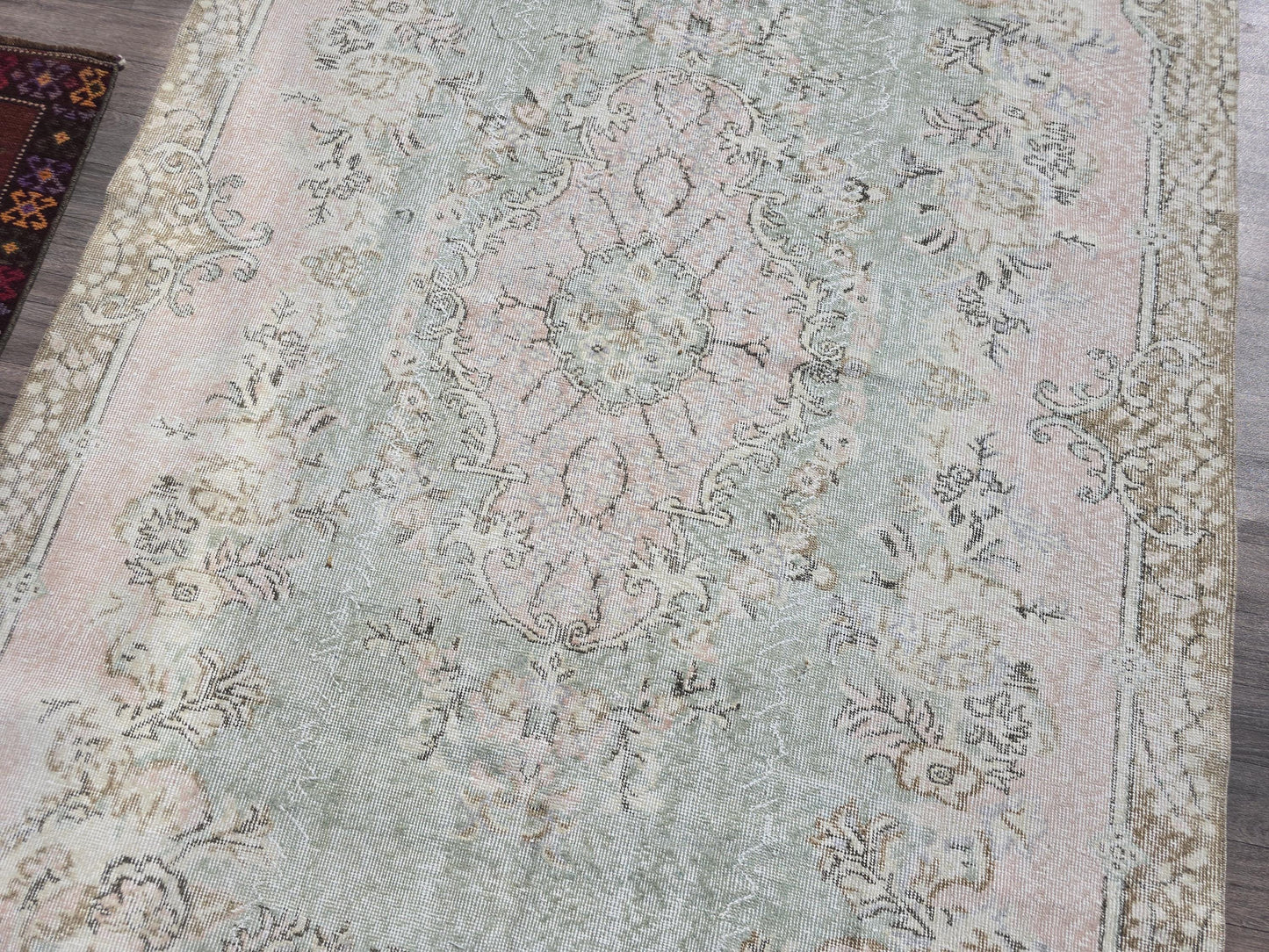 6x9 Vintage Area Rug Hand Knotted Wool Turkish Oushak Neutral Rug for Bedroom and Small Office  Faded Green Pink Brown //5.75x9 feet