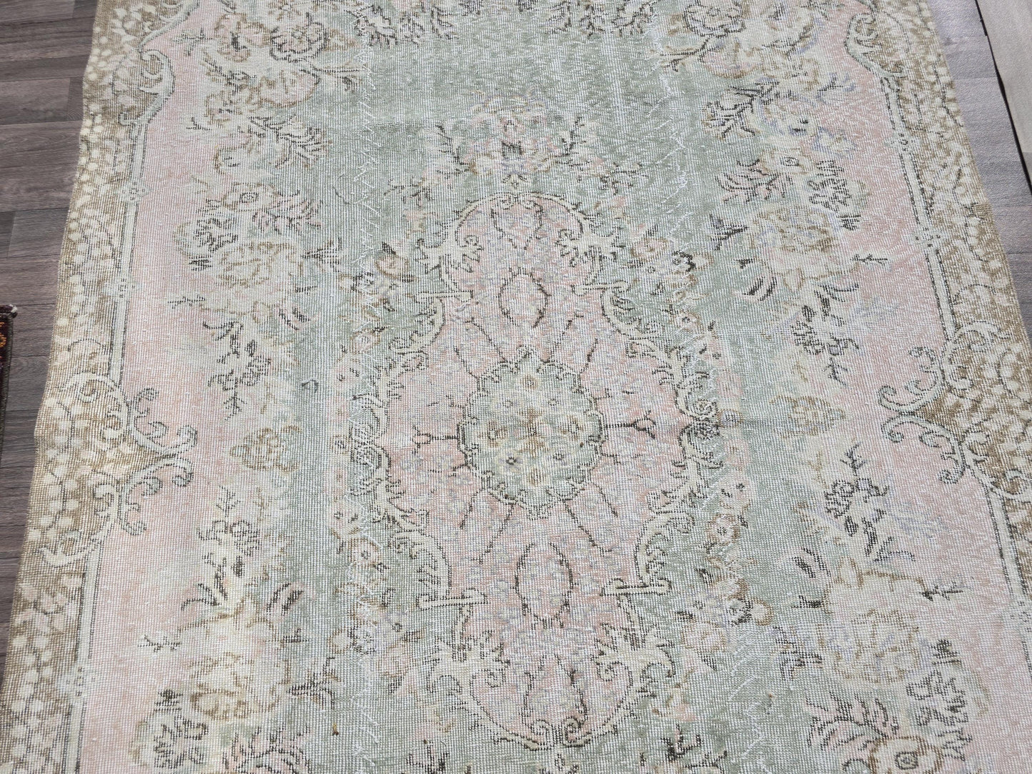 6x9 Vintage Area Rug Hand Knotted Wool Turkish Oushak Neutral Rug for Bedroom and Small Office  Faded Green Pink Brown //5.75x9 feet