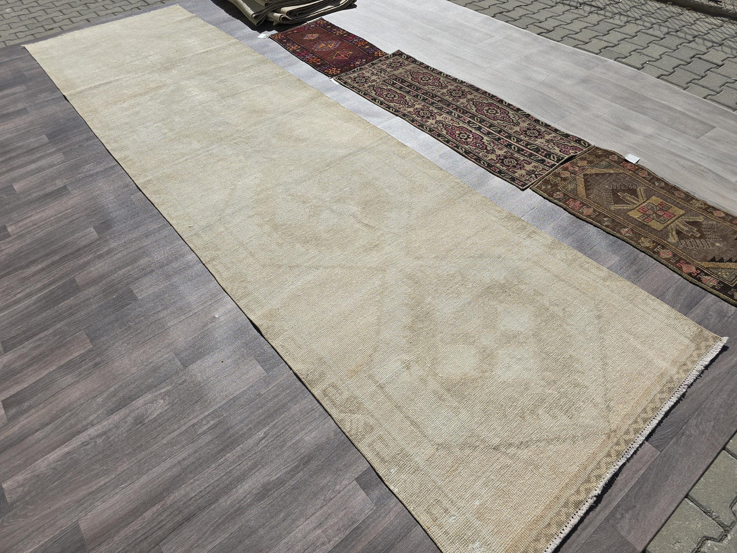 4x14 Wide Long Neutral Vintage Runner Rug - Hand Knotted Turkish Runner - Wool Oushak Runner Beige Cream Muted /3.60x14.35 feet