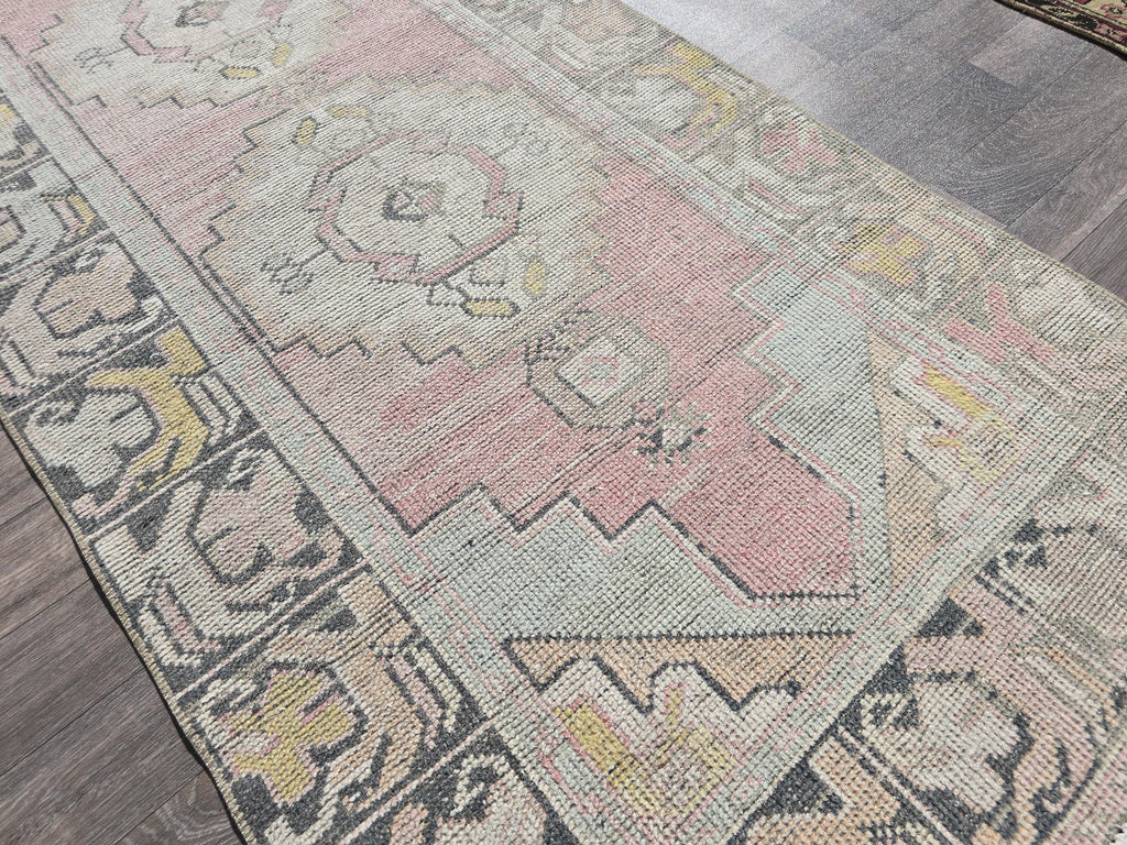 Neutral Oushak Runner Rug: 3x10 Vintage Turkish Wool Hallway Rug