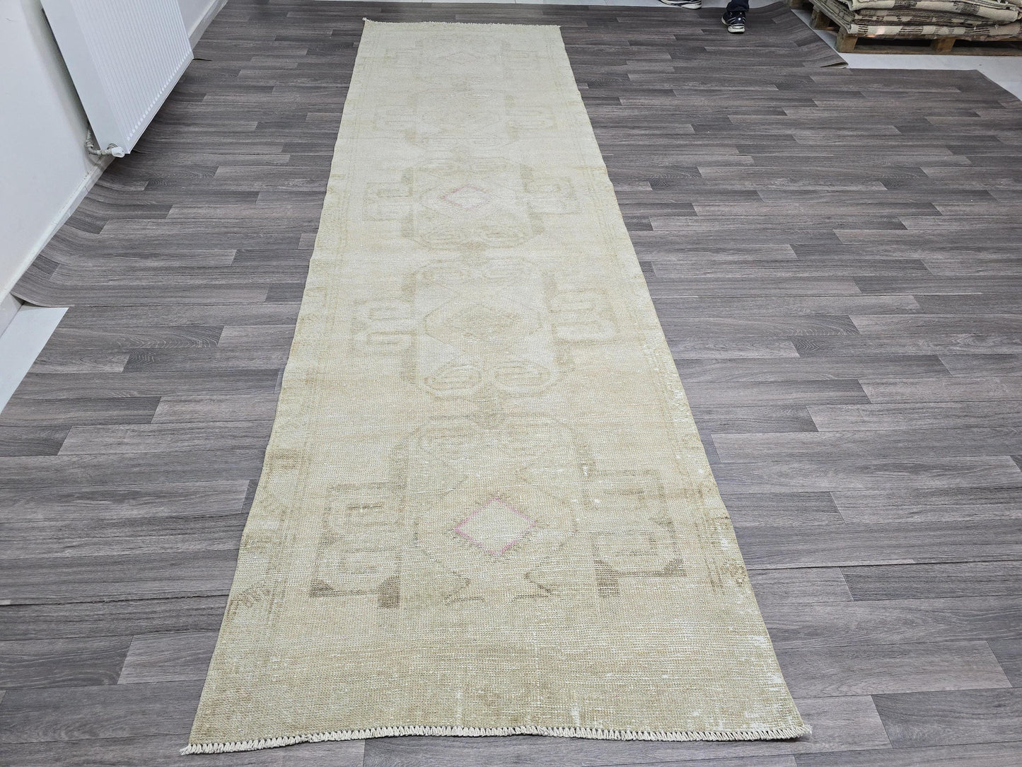 Wide Neutral Vintage Turkish Runner / 3.77x13 feet / Hand Knotted Wool Runner / Natural Rug Runner / Oushak Runner for Hallway