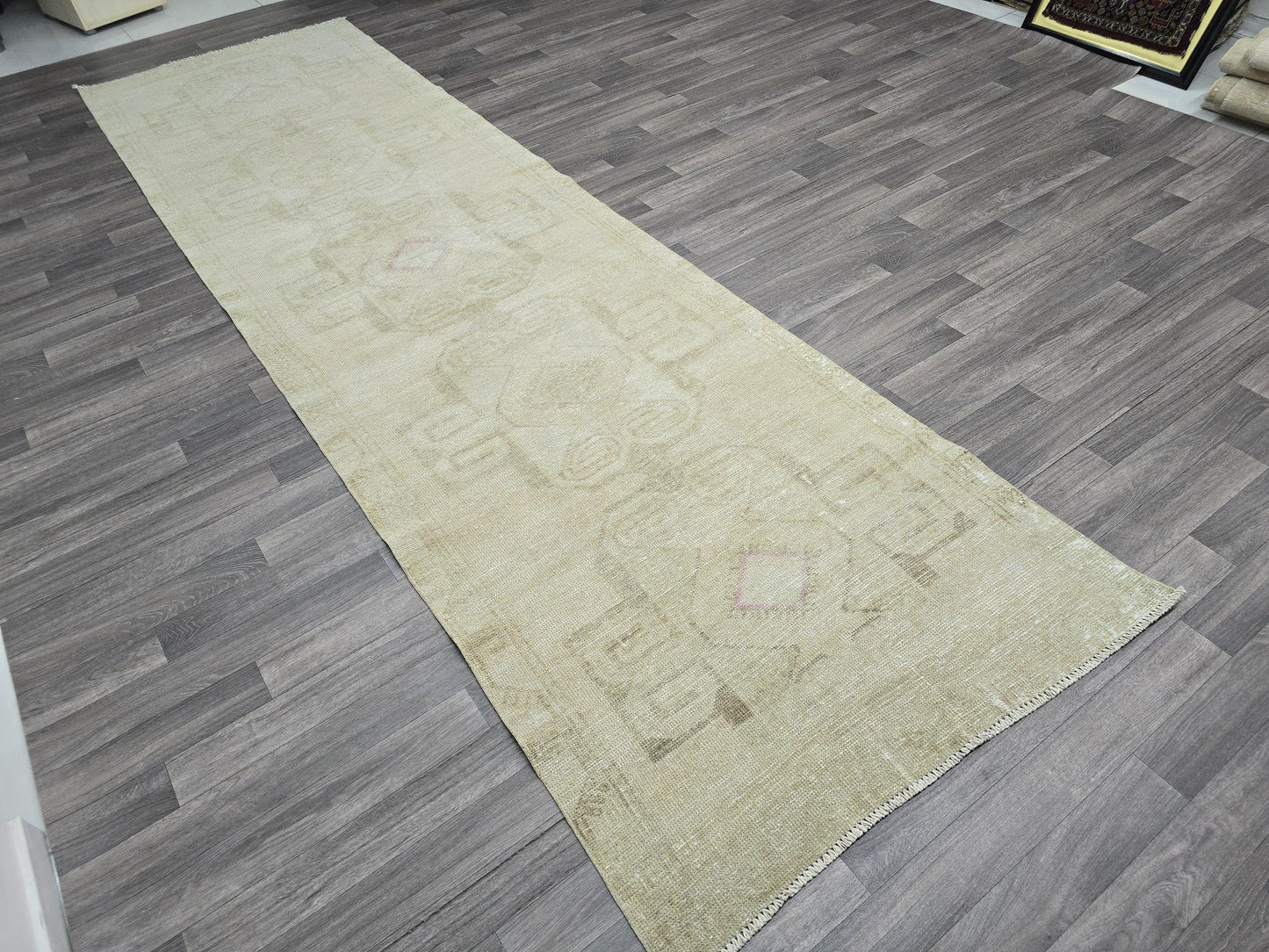 Wide Neutral Vintage Turkish Runner / 3.77x13 feet / Hand Knotted Wool Runner / Natural Rug Runner / Oushak Runner for Hallway