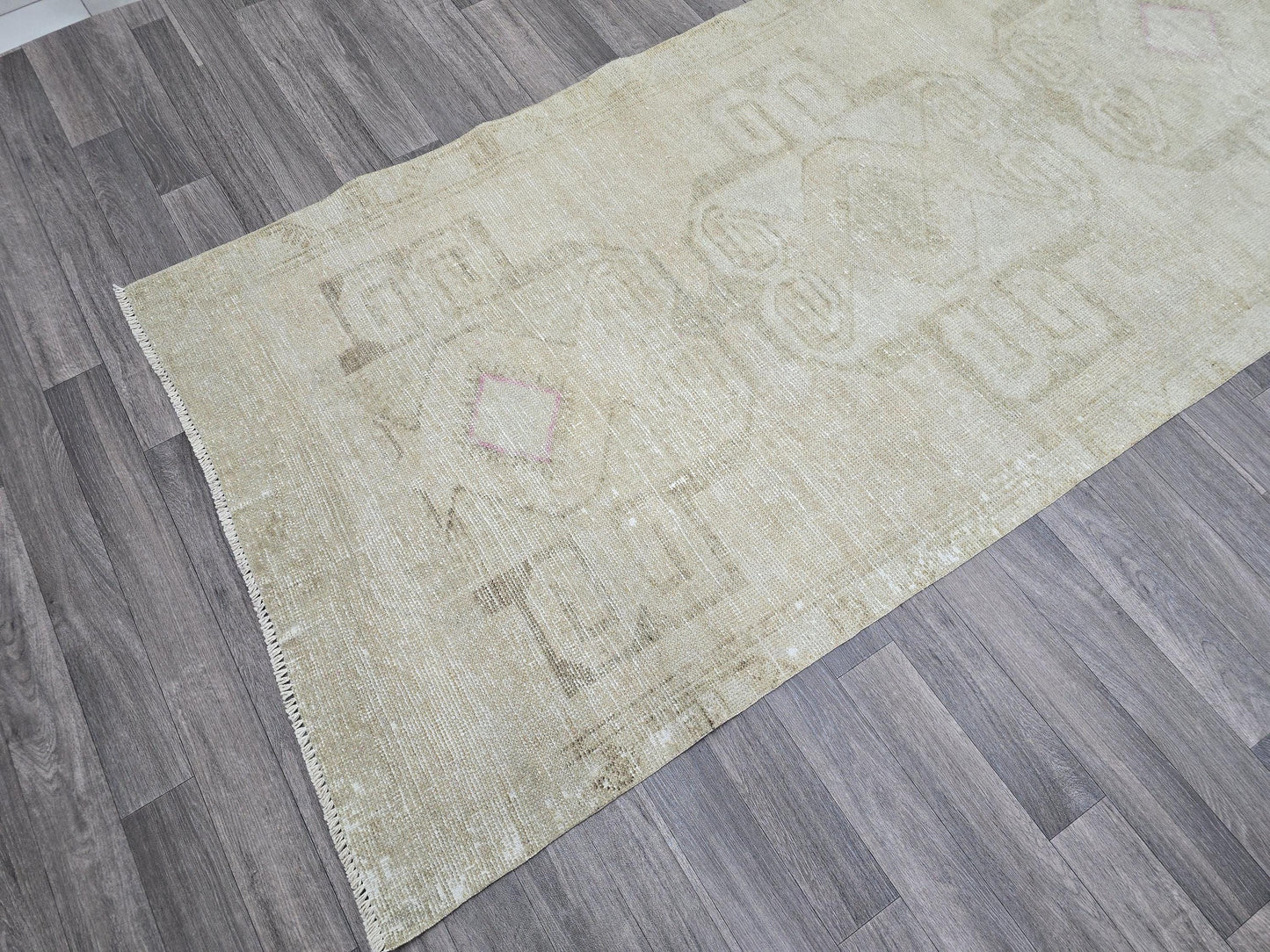 Wide Neutral Vintage Turkish Runner / 3.77x13 feet / Hand Knotted Wool Runner / Natural Rug Runner / Oushak Runner for Hallway