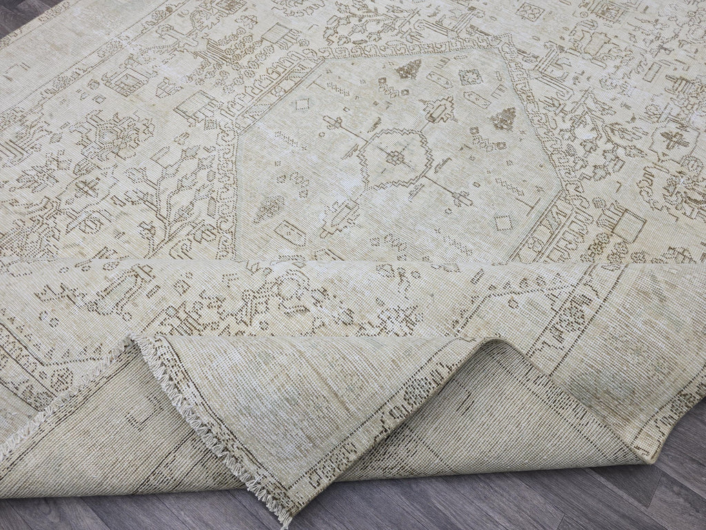 Oversize Neutral Oushak Rug: 9.25x12.8 ft Distressed Turkish Wool Carpet