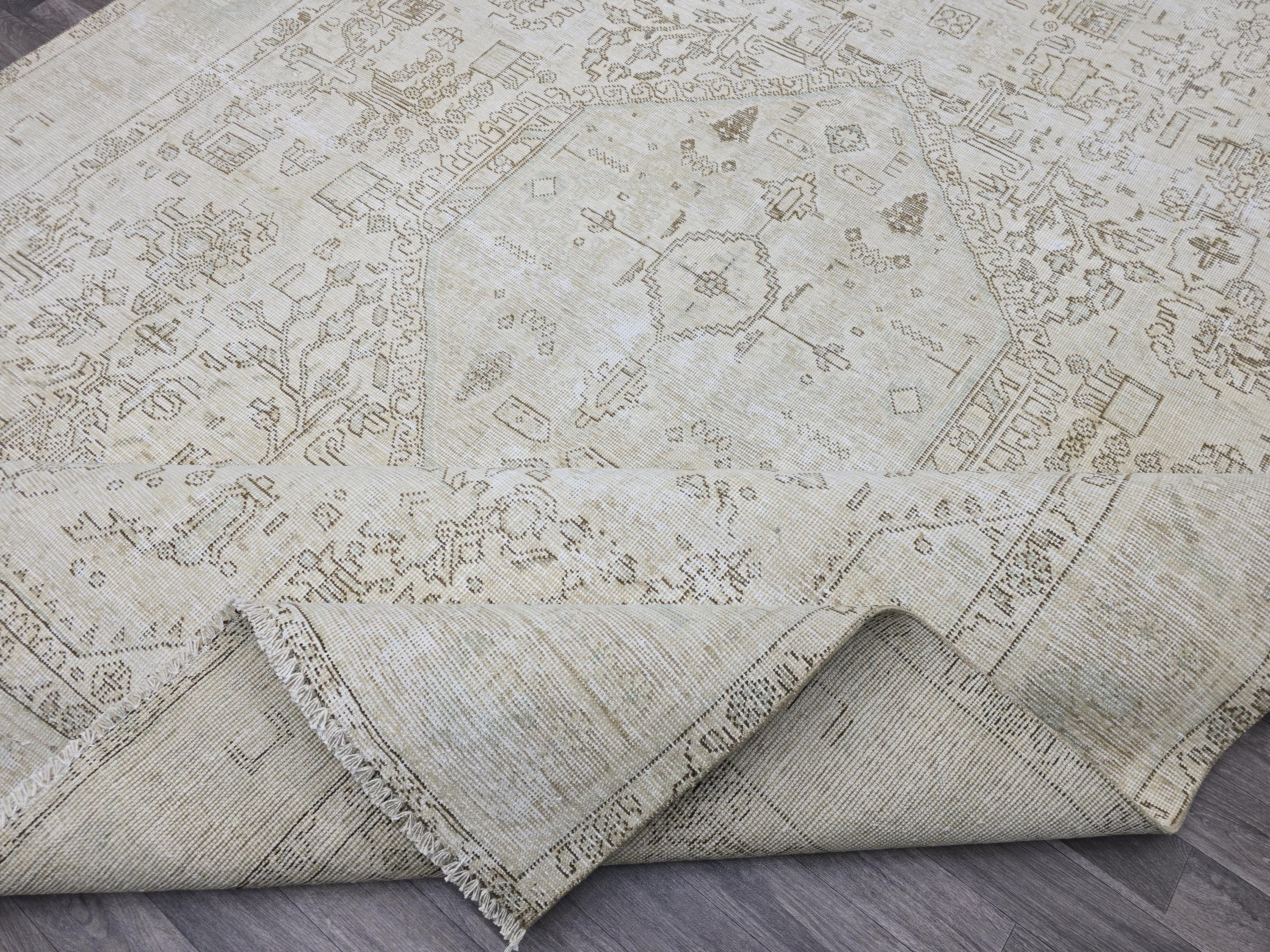 Oversize Neutral Oushak Rug: 9.25x12.8 ft Distressed Turkish Wool Carpet