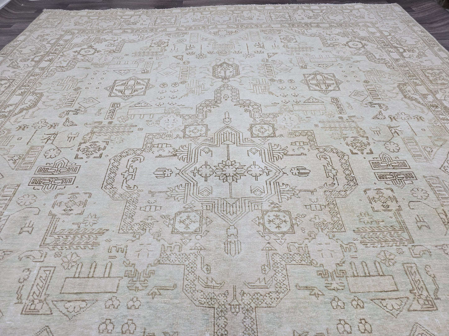 9.65X12.5 feet Neutral Oversize Turkish Rug/ Hand Knotted Wool Area Rug/ Large Distressed Rug/ Big Oushak Rug/ Bohemian Bedroom Decor Rug