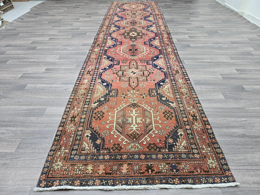 Vintage Persian Runner Rug, Coral Geometric Tribal Runner 3.6x14.15 ft, Extra Long Hallway Runner, Antique Heriz Design Oriental Carpet