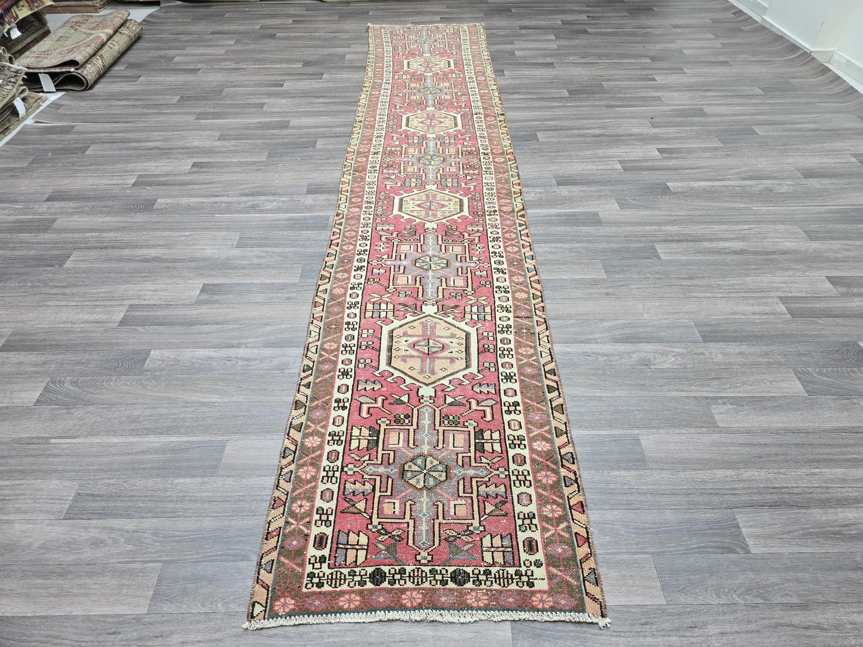 Vintage Turkish Runner Rug: Pink Beige Handknotted Wool, Geometric Hallway Decor (2.4x12.2 ft)