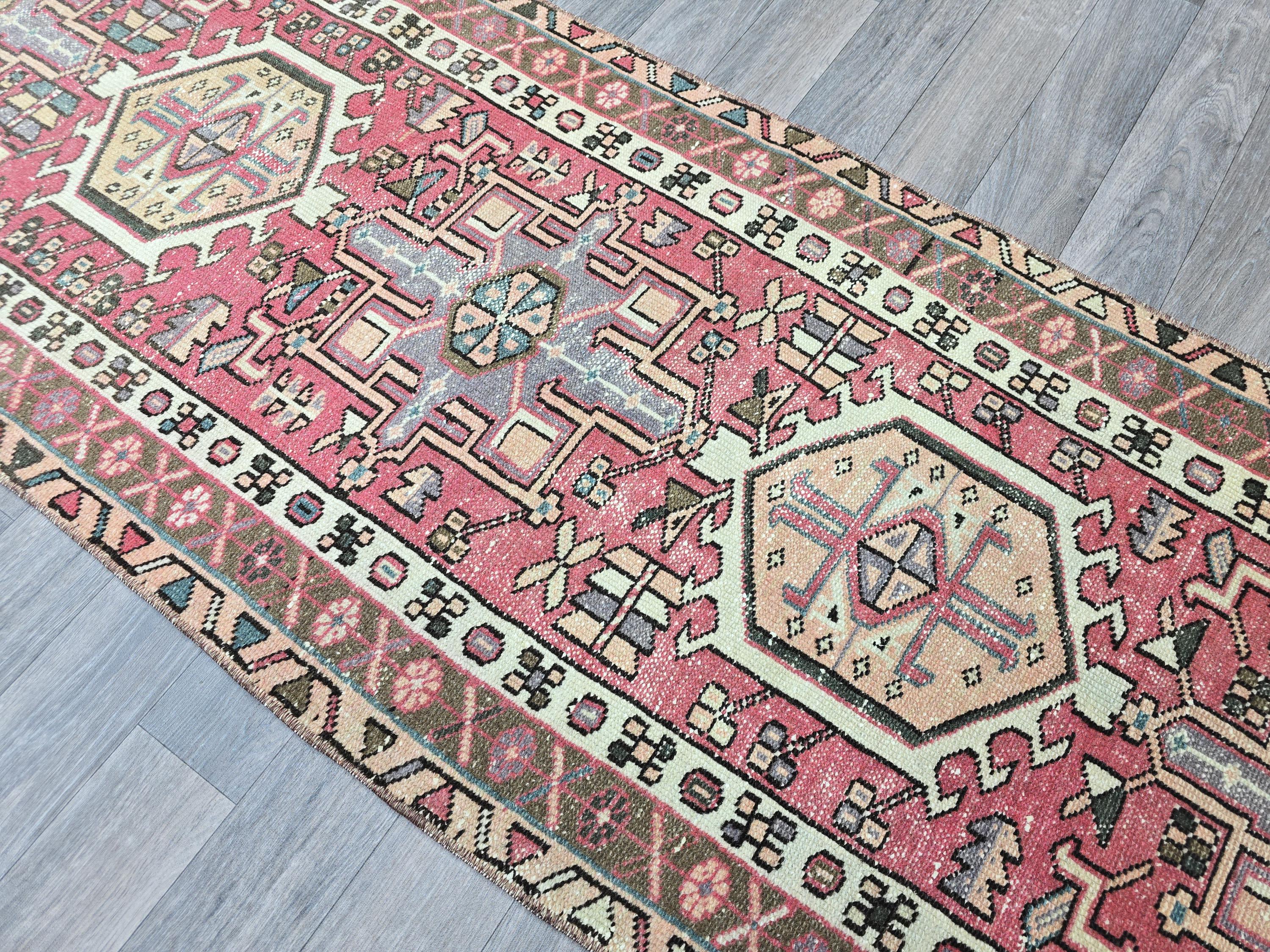 Vintage Turkish Runner Rug: Pink Beige Handknotted Wool, Geometric Hallway Decor (2.4x12.2 ft)